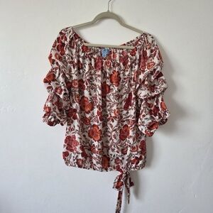 CeCe Orange Floral Blouse Top Poetcore Cottagecore Bohemian Gypsy Feminine Large